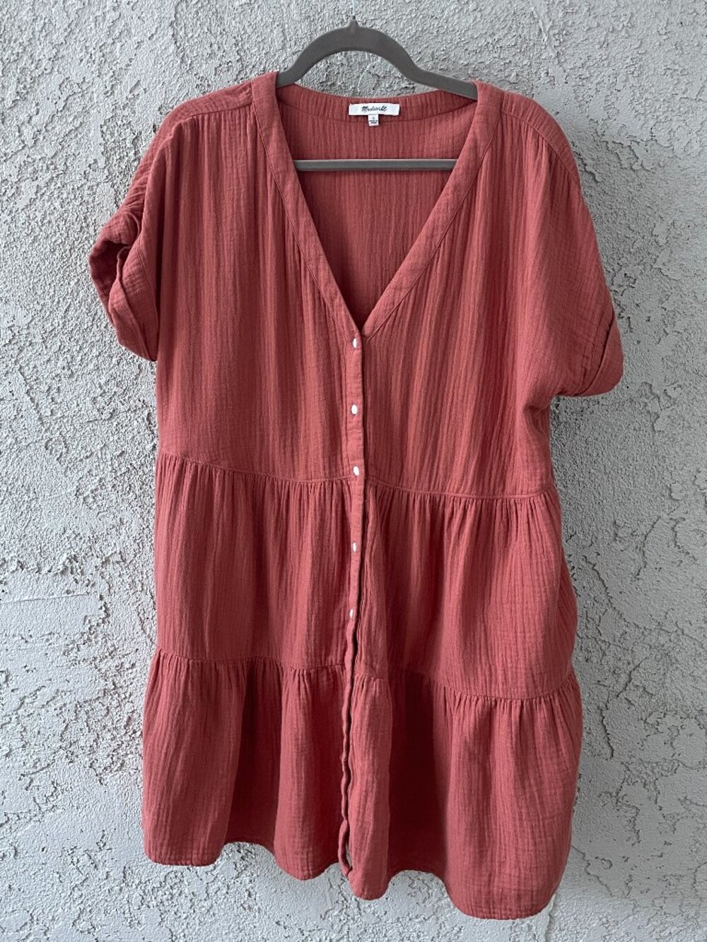 Madewell Cotton Double Gauze Tiered Mini Dress Large Rust Terracotta Boho